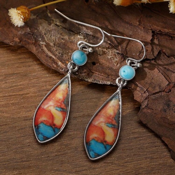Blue Rust Terra Cotta Swirl Earrings Silver Boho Jewelry Western Jewelry - Picture 4 of 10